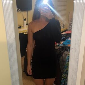 prettylittlething black one shoulder long sleeve bodycon dress